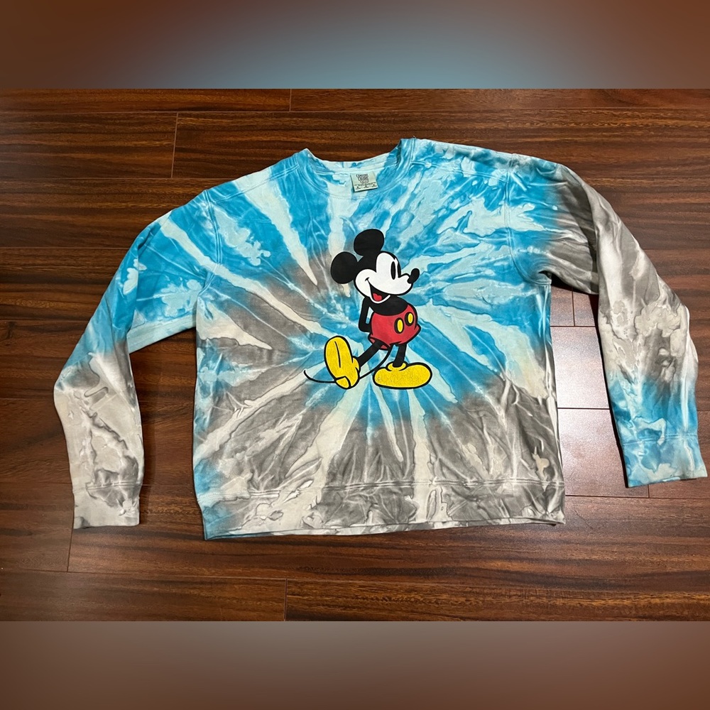 Comfort Colors women’s medium sweatshirt, Mickey Mouse, tie dye, teal grey